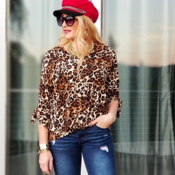 MODA ME COUTURE Tops - JANELLE Animal Leopard Print Blouse Top - Brown